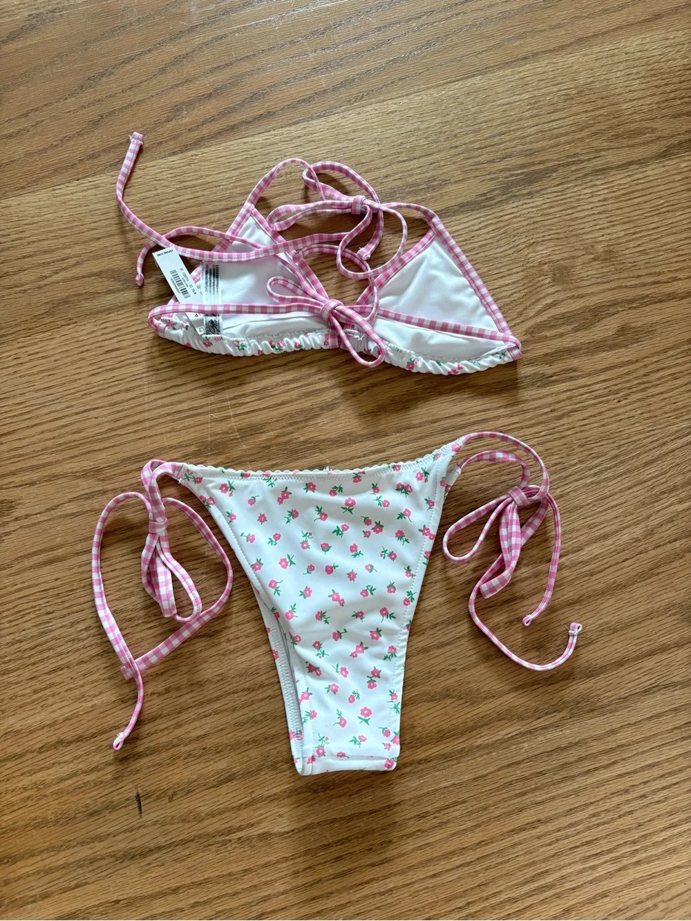 Frankie's Bikinis White Swim Top & Bottom with Pink Gingham Trim